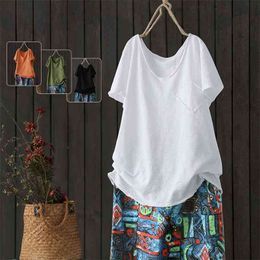 Summer Style Women Short Sleeve Loose V-neck T-shirt All-matched Casual Cotton Tee Shirt Femme Vintage Tops Plus Size M78 210401