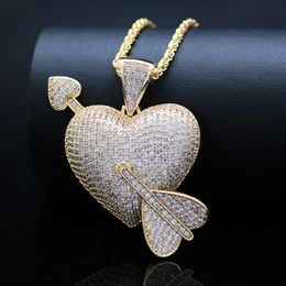 New Fashion Arrow Heart Necklace Gold Biing CZ Zircon Pendant Charm Gifts for Lovers Iced Out Hip Hop Jewelry Collar Kalung Lover Men and Women