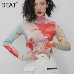 spring high street women clothes turtleneck full sleeves printed elastic slim body T-shirt female and leggings 210421