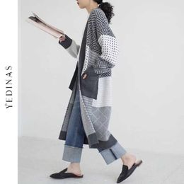 Yedinas Long Cardigan Women Elegant Ladies Loose Ribbed Oversize Knitted Sweaters Korean Style Fashion Plus Coat Overcoat 210527