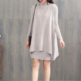 Sweater Set Solid Colour Knitted Vest Female Long-sleeved Round Neck Simple Commute Bottoming Dress Two-piece Suit Women 210427