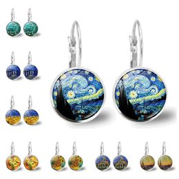 Fashion Van Gogh Starry Sky Time Gem Charm Earrings French Glass Art Ear Hook New Jewellery for Women Wholesale