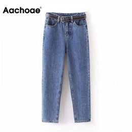 Aachoae Fashion Women Mom Jeans With Belt Cowboy Long Trousers Boyfriend Stretch Casual Female Washed Denim Harem Pants 210809