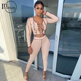 IWOMAN Lace Up Long Sleeve Sexy Bodycon Crop Top Women High Waist Leggings Female 2 Two Piece Set Outfits Women Matching Sets Y0625
