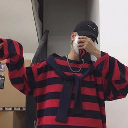 Trendy Fashion Punk Men Harajuku Black Red Striped T-shirt Male Loose Oversize Long Sleeve O-Neck T Shirt Tops Summer Boys Tees Y0322
