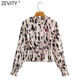 Women Vintage Leopard Print Elastic Waist Slim Shirt Stand Collar Long Sleeve Blouse Lady Roupas Femininas Crop Tops LS9185 210420
