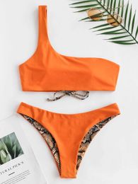 ZAFUL Reversible Bikini Set Snakeskin Print One Shoulder Two Pieces Sets Women Swimwear Lace Up Swimsuit Sexy Bathing Suit Y0820