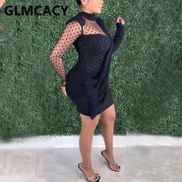 Women Dot Lace Splicing Plus Size Long Sleeve Bodycon Dress Sexy & Club Drapped Dresses 210702