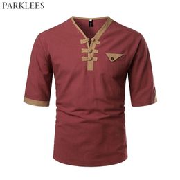 Patchwork Linen Mens Tshirt Fashion V neck T Shirts for Men Casual Slim Fit Vintage Men T-Shirts with Pocket Men Top Tee 210524