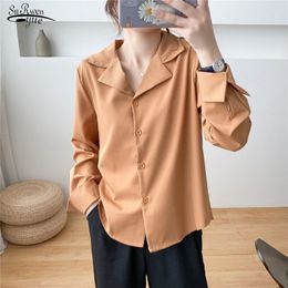 Autumn Women Chiffon Blouse Korean Casual Solid Female Shirts Outwear Tops Office Lady V-neck Button Loose Clothing 11882 210521