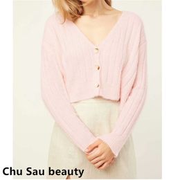 Fashion Autumn Winter Sweet Pink Hairy Knitted Cardigan Tops Women Fall Knit Outerwear Casual V-neck Sweaters 210514