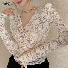 French Chic Sexy Short Transparent Floral Shirt Summer V-neck Lace Blouse Women Ladies Slim Long Sleeve Bottoming Tops 13431 210521