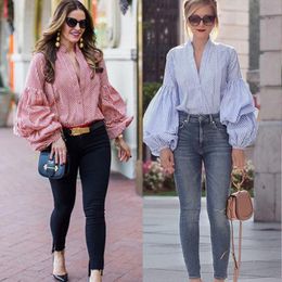 Fashion Ladies Casual Loose Blouse Plaid Crop Tops Shirt Summer Women Cotton V-Neck Jumper Top Long Sleeve Blouses Women's & Shirts