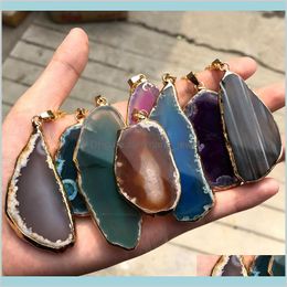 Necklaces 10Pcslot Blue Quartz Crystal Pendant Agates Druzy Pendulum Natural Stone Charm Necklace Pendants Jewellery Making Women Healin