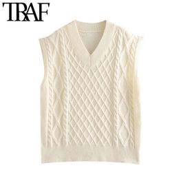 TRAF Women Fashion Oversized Cable-Knit Vest Sweater Vintage V Neck Sleeveless Female Waistcoat Chic Tops 210415