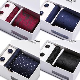 Bow Ties 2021 Design Silk Tie Handkerchief Cufflink Set Necktie Box Striped Dark Red Man's Year's Day