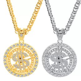 Creative Dollar Necklace Personalised Diamond Studded Dollar Rotating Metal Pendant Necklaces Hip Hop Jewellery Accessories CG001