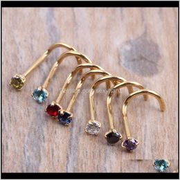Rings & Studs Body Jewelry Drop Delivery 2021 Crysta Gold Sier Zircon Screw Nose Stud Clear Pink Red Purple Curved Steel Pin Ring Piercing 20