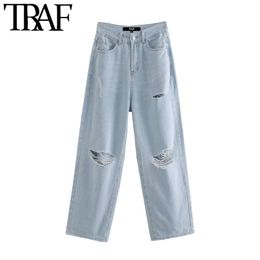 TRAF Women Chic Fashion Ripped Detail Wide Leg Jeans Vintage High Waist Zipper Fly Female Ankle Denim Pants Mujer 210415