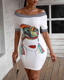 Spring Autumn Women's Elegant Bodycon Mini Dress New Style Femme Printed Off-Shoulder Skinny Striped Tape Dress Cloth 210415