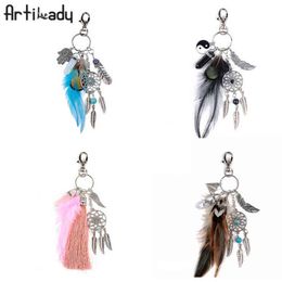 Artilady natural shell keychain opal stone dreamcatcher keyring bag charm boho Jewellery feather keychain for women H1126