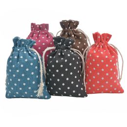 50Pcs Drawstring Linen Cotton 10x14cm Jute Gift s Dots Print Jewelry Packaging Small Wedding Pouches Cute Candy Bag