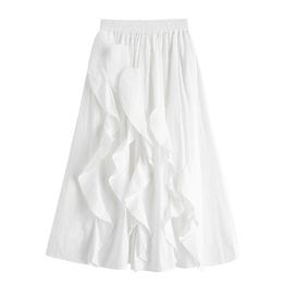 Spring Summer White Middle-length High-waisted A Line Casual Skirts Womens 210615