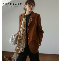 Brown Velvet Blazer Badge Shoulder Pad Ladies Coats And Jackets With Scarf Casual Women Fall Clothes 210427