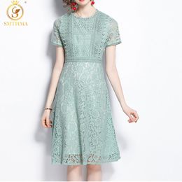 Summer Dress Women Vintage Elegant Lace Hollow Out Fashion Green Ladies Dresses Vestidos 210520