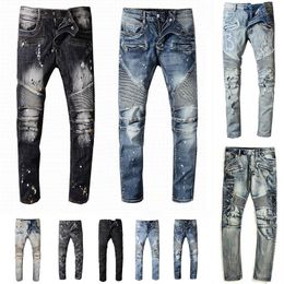 Tasarımcılar Erkek Kotları Sıkıntılı Yırtık Biker hamile pantolonu Slim Fit Motosiklet Bisikletçileri Denim Erkek Modası Erkek Siyah Pantolon için hommes dökün