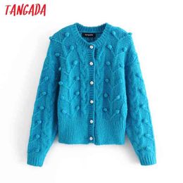 Women Blue Twist Ball Decorate Jumper Vintage Oversized Knitted Cardigan Coat 3H459 210416