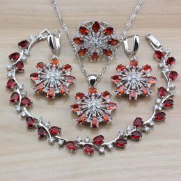 Earrings & Necklace Bridal Flower Costume Silver Colour Red Garnet Wedding Jewellery Sets Dangle Bracelet And Ring Women