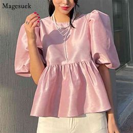 Korean Vintage Puff Sleeve Pink Tops Pleated White Blouse Women Plus Size Loose Summer Shirt O Neck Casual Blouses 13551 210512