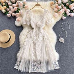 Women Fashion Court Square Neck Short Sleeve Yarn Stitching Bead Embroidery Lace A-line Dress Elegant Vintage Vestidos 210515