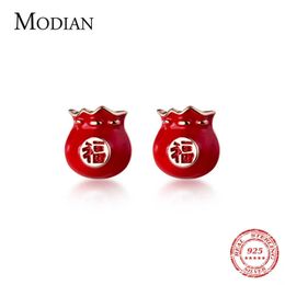 Pure 925 Sterling Silver Red Enamel Blessing Bag Stud Earring for Women Letter Luck Ear Pin National Style Fine Jewelry 210707