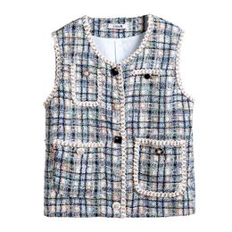 Women Blue Tweed Plaid O Neck Sleeveless Vest Jacket Loose Button Pocket C0233 210514
