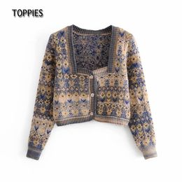 Toppies Woman Jacquard Knitted Jacket Vintage Cardigan Sweater Single Breasted Square Neck Tops 210412