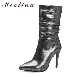 Meotina Super High Heel Mid Calf Boots Women Boots Pleated Stiletto Heel Boots Pointed Toe Female Shoes Autumn Winter Silver 210608