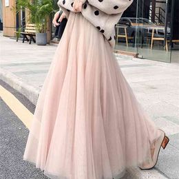 Elegant Long Skirt Women Spring Elastic High Waist Mesh Tutu Females Pleated Tulle Vintage Party 210608