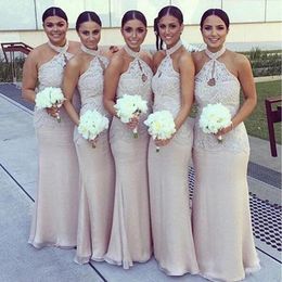 Sexy Halter Bridesmaid Dresses Mermaid Floor Length Chiffon Lace Applique Custom Made Sleeveless Plus Size Maid of Honour Gown Beach Wedding Party Wear vestido