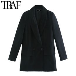 Women Fashion Double Breasted Loose Fitting Blazer Coat Vintage Long Sleeve Pockets Female Outerwear Chic Tops 210507