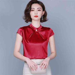 Silk top women's summer loose temperament short-sleeved mulberry silk small shirt high-end satin western style thin women 210604