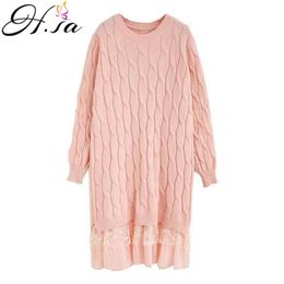 H.SA Women Long O neck Lace Patchwork Pull Jumpers Korean Style Oversized Knit Sweater Dress Twisted Jumper 210417