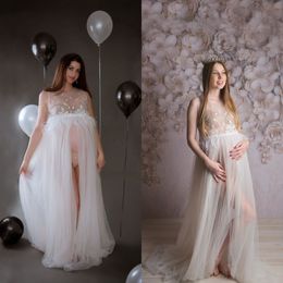 2022 Bohemian Women's Prom Dresses O Neck See Thru Party Celebrity Gowns Lace Applique Feathers Maternity Photography Dress