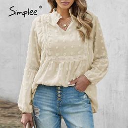 Casual dot embroidery lace stitch women blouse spring Ruffled v-neck lantern sleeves shirts solid Elegant mesh tops 210414