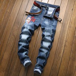 Spring Men'S Fashion Embroidery Jeans Business Casual Stretch Straight-Leg Slim-Fit Denim Trousers Male Brand Pants 210531