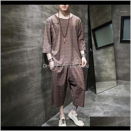 Tracksuits Mens Clothing Apparel Drop Delivery 2021 Men 2 Pieces Suits Sets Male Summer Chinese Style Plaid Cotton Linen Casual Short Sleeve