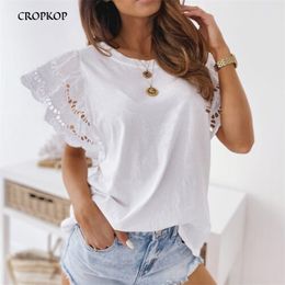 Summer Women Hollow Out Stitching T-Shirt Casual O-Neck Ruffle Short Sleeve Top Elegant White Black Women's Clothing 210720