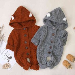 Autumn Winter Baby Boys Girls Pure Colour Hooded Rompers Clothes Children Boy Girl Kids Knitting Long Sleeve Romper 210429