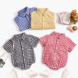 Summer Baby Boy Girl Short Sleeve Grid Shirt Rompers Kids born Clothes 210429